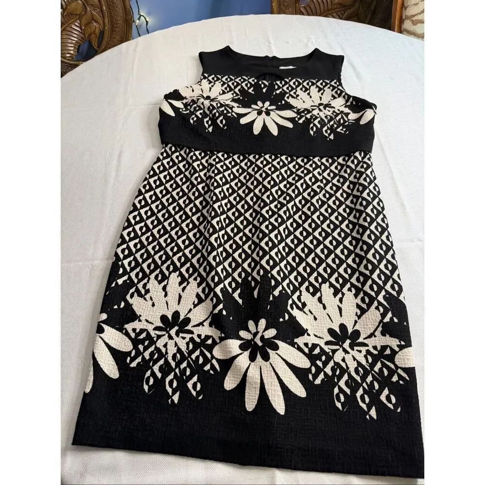 Joseph Ribkoff Black White Textured Jacquard Floral Geometric Dress Size M 8 10